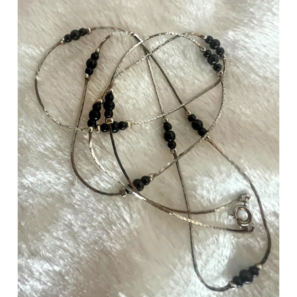 Black Beaded Long Necklace Silver Dainty Feminine Chain 28" Minimal Layering Y2K